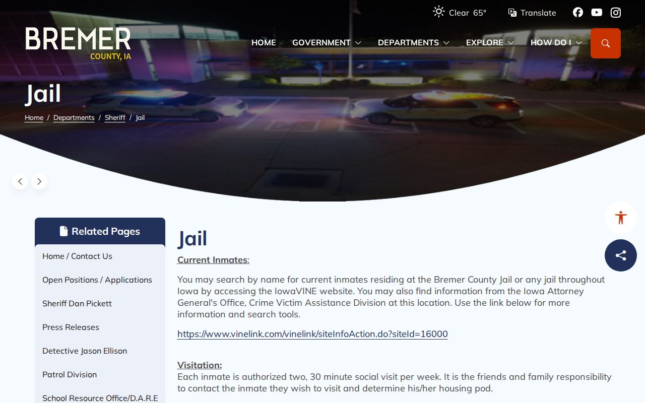 Bremer County arrest records jail page and VINELink route