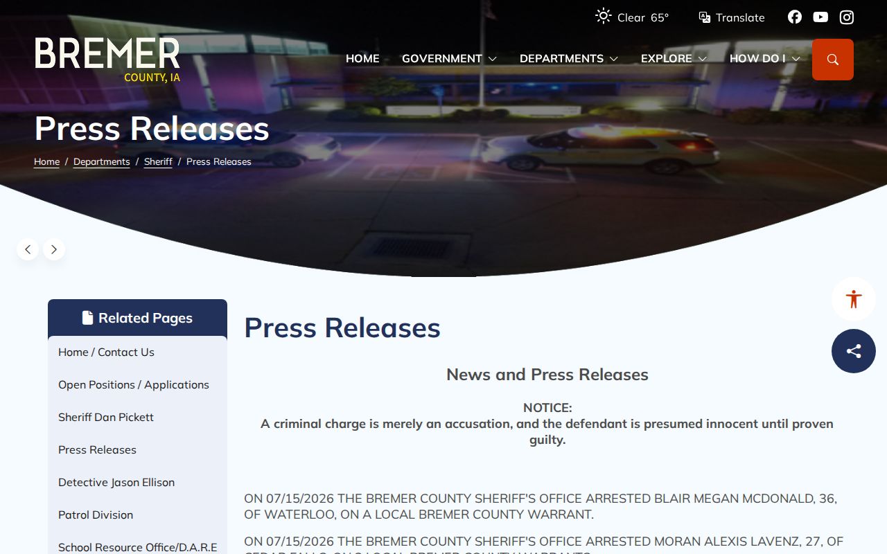 Bremer County Sheriff incident releases related to arrest records