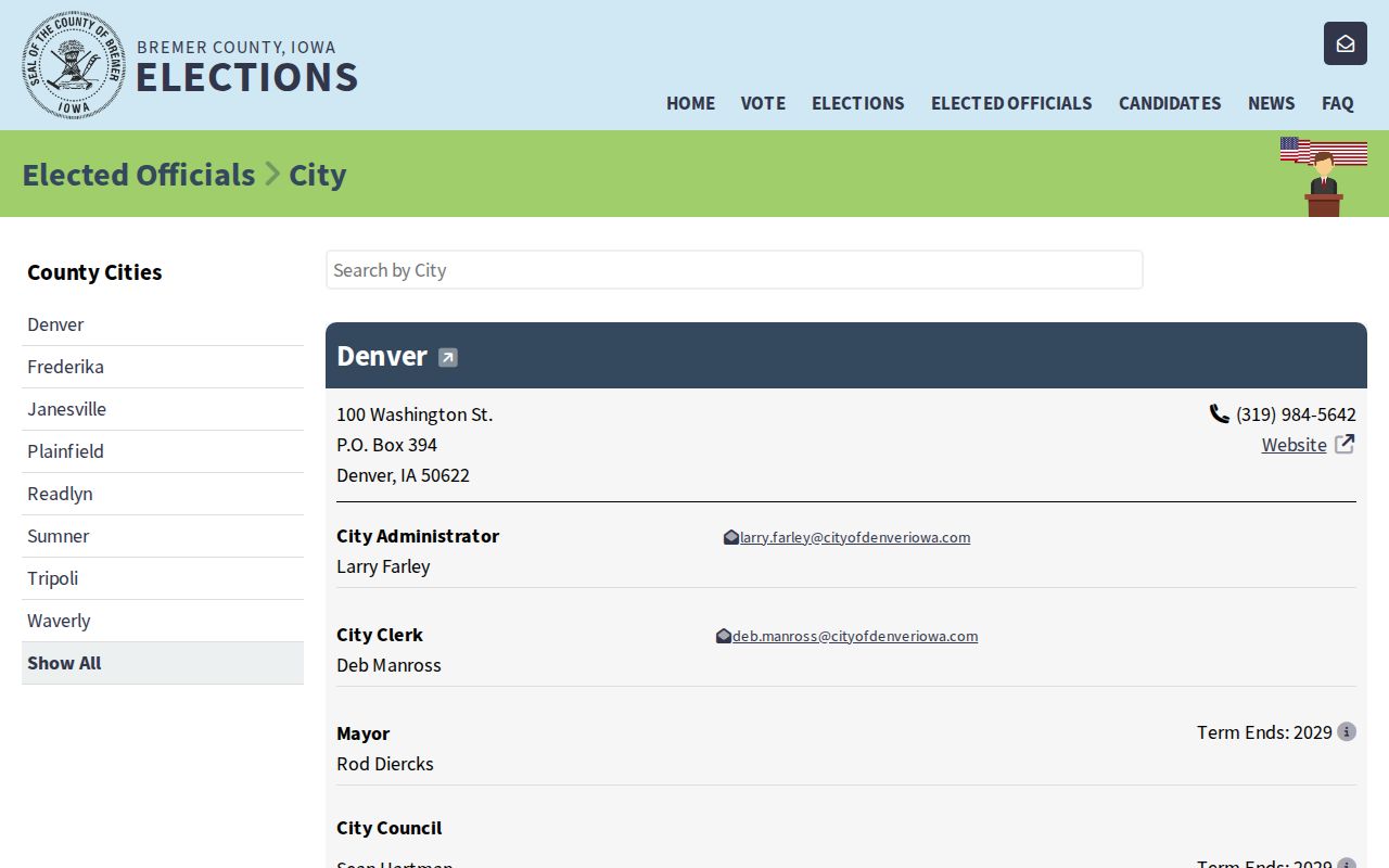 Official Bremer County listing for Denver Iowa city contacts