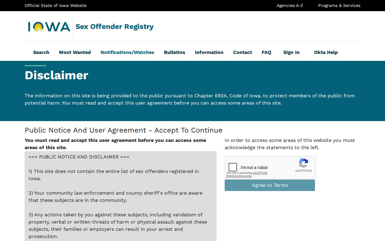 Iowa registry search agreement for Bremer County sex offender records