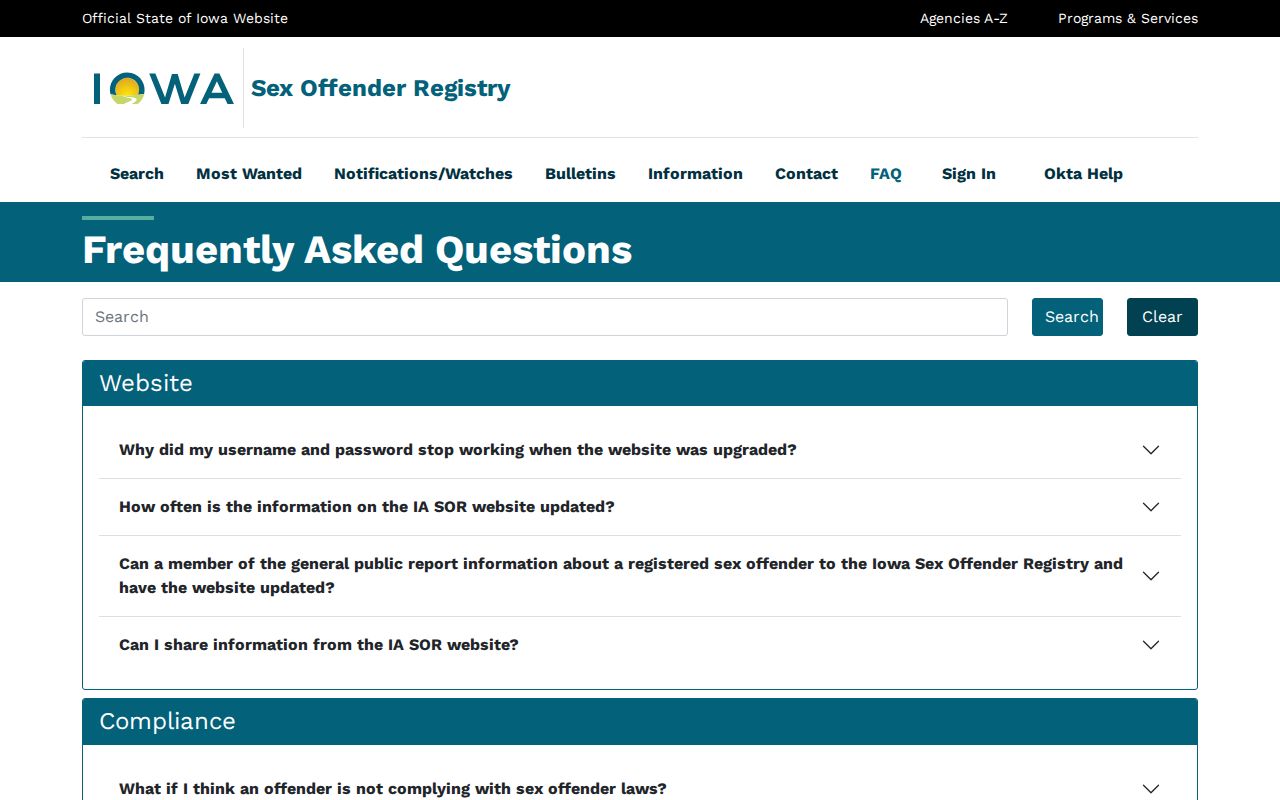 Official Iowa registry explanations for Bremer County offender records