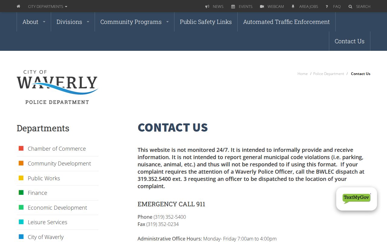 Official Waverly Police Department contact page