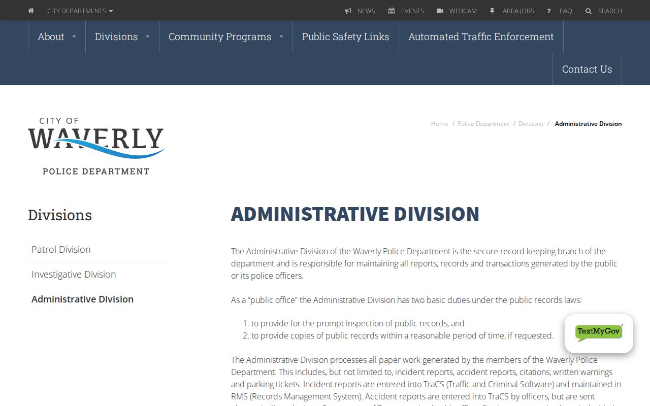 Waverly Police Administrative Division records workflow page